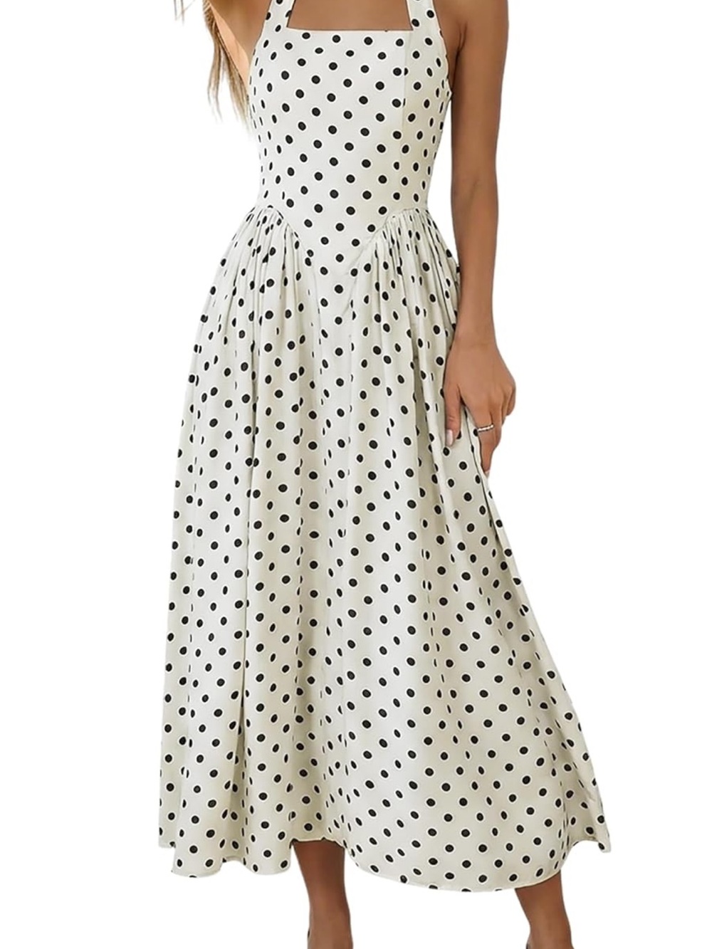White Polka Dot Halter Midi Dress - Classic Summer Style